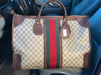 Super Rare Vintage GUCCI Travel Bag - Unisex Bag - VERY Hard To Find - Brown GG Gucci With Red / Green Stripe