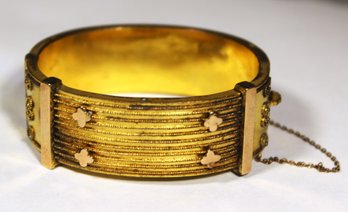Wide Etruscan Revival Victorian Hinged Cuff Bangle Bracelet 1860s