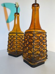 Large Mid Century Caged Dark Amber Glass Table Lamp Set Of 2