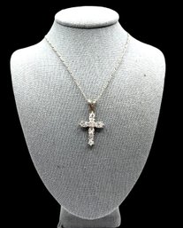 Vintage Italian Sterling Silver Chain With Clear Stones Cross Pendant