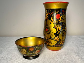 Handcrafted Russian Lacquered Vessel And Bowl