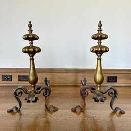 A Pair Of  Elegant Antique Soild Brass Andirons With Iron Base