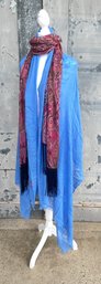 Beautiful Curations Blue Viscose Wrap And Colorful Laura Ashley Long Silk Scarf With Knotted Fringe