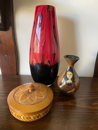 Mixed Lot: Decorative Vases And A Painted Carved Wooden Lidded Box