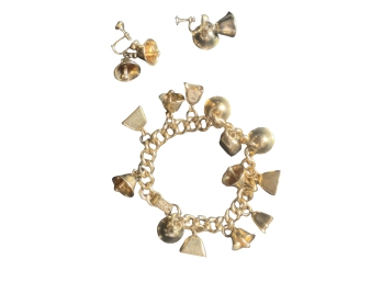 Vintage Bell Charm Bracelet And Matching Screw Back Earrings In Gold Finish