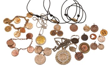 Mix Lot Of Coins Jewelry Pendants, Bracelets, And More