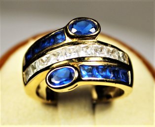 Gold Over Sterling Silver Ladies Ring White And Blue Gemstone Ring Size 8.