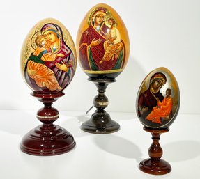 A Set Of 3 Hand Painted Russian Icon Eggs On Custom Wood Stands