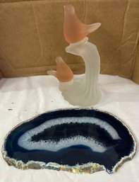 Satin Glass Bird Sculpture And Polished Mineral