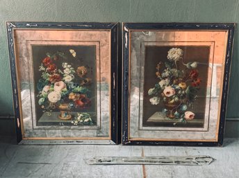 Pair Martin Fromhold Vintage Floral Still Life Prints In Mirrored Frames