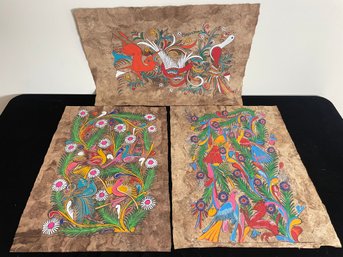 Set Of 3 Amate Bark Paintings Native Ethnic Mexican Wall Folk Art Hand Painted