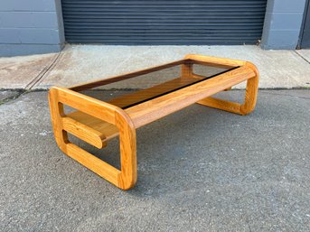 Vintage Lou Hodges Style Oak And Glass Coffee Table