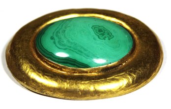 Large Arts And Crafts Gold Over Sterling Silver Brooch By ADEM Malachite Stone