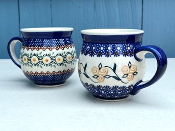 Pair Of Non-Matching Polish Pottery Ribbed Mugs