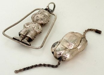 A Pairing Of Vintage Sterling Silver Italian Necklace Pendants - Car And Boy On Swing