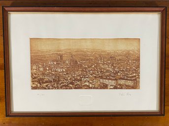 Signed Numbered Italian ? Cityscape 22x14 Framed Glass Embossed Paper UH Signature Illegible