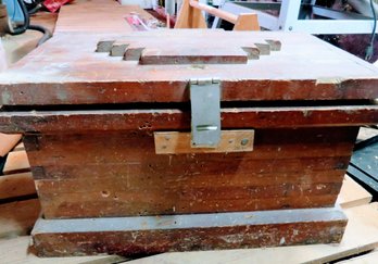 Wooden Tool Box With Miscellaneous Tools And Wrenches