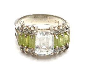 Vintage Sterling Silver Green And Clear Stones Ring, Size 6