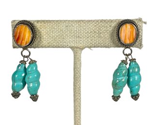 Contemporary Silver Genuine Turquoise And Shell Pierced Earrings