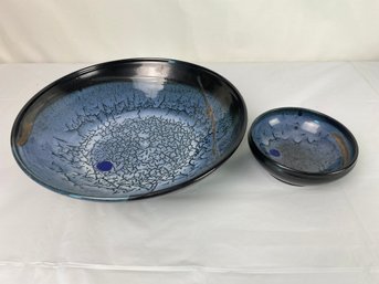 Beautiful Blue Crackle Glaze Signed Pottery Bowls (2)