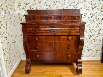 Stunning Antique Empire Flame Mahogany Book Matched Dresser With Scrolled Feet