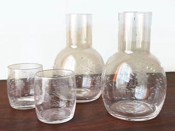 Decanters, Pair,  Etched Glass With Lovely Drinking Glasses That Are Dual Purpose As Lids