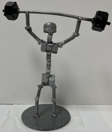 Vintage Small Hardware Metal Sculpture - Weight Lifter - Nuts & Bolts - 12 H X 10 Across X 5.25 Base Dia