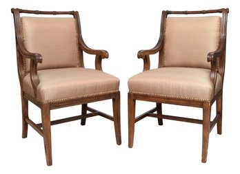 Set Of 2 Brown And White Ginham Check  Wood Frame Armchairs With Rolled Arms And Nailhead Trim