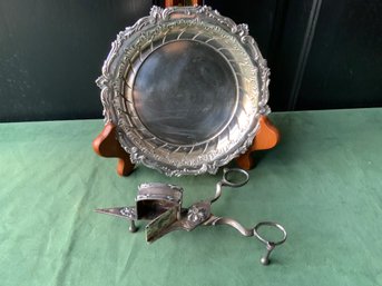 Decorated Antique Candle Snuffer Scissors And Small French Tray