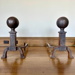 A Pair Of Significant Simple Antique Canon Ball Iron Andirons