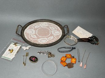 Vintage Lace Jewelry Tray With Sterling Bracelet & More