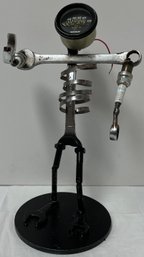 Vintage Small Metal Sculpture - Sparkly Spanner Man - Wrench Spark Plugs Oil Pressure Gauge - 11.5 H X 7 X 7.5