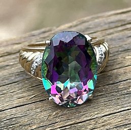 Stunning 14K Mystic Topaz And Diamond Ring 12.86 Carats Size 6 3/4