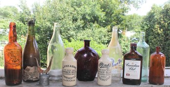 Vintage Collection Of Glass Bottles With Moxie, Canadian Club, Virginia Dare, Pink's Ginger Beer & More