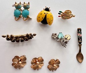 9 Small Pins Brooches, Some Vintage, Cats By  Corletto From 1960s