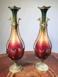 Fabulous Pair Of Antique Porcelain Gilt Bronze Mounted French Flambe Vases - Amazing Colors - Very Pretty Pair