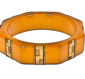 Art Deco Period Bakelite Butterscotch Octagonal Bangle Bracelet Having Gold Decoration`