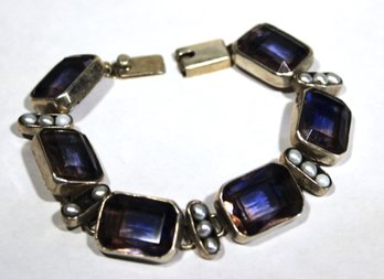 Great Vintage Sterling Silver Heavy Bracelet Genuine Amethysts Pearls (missing One Pearl)