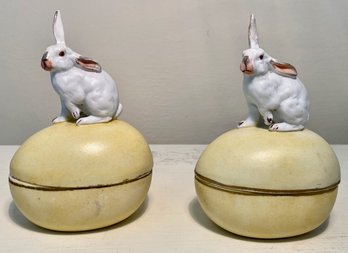 Pair Of Porcelain Bunny Rabbit Decorated Egg Shaped Trinket Boxes