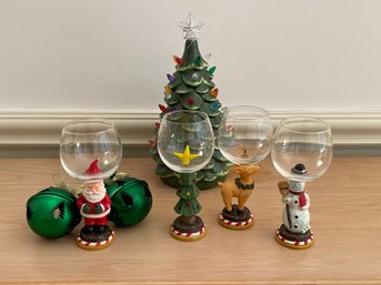 Set Of 4 Christmas Wine Goblets, Ceramic Christmas Tree And 2 Green Bell Ornaments