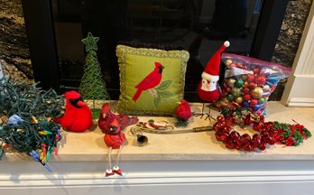 Christmas With A Nature Twist - Lights, Wreath, Pillow, Cardinals And Birds