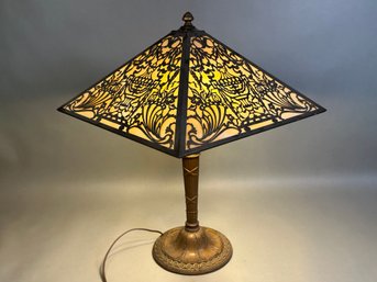 Antique Slag Glass Lamp With Ornate Filagree Overlay