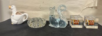 Crystal Clear Glass Flower Frog, Duck Pitcher, Art Squirrel Figurine, KLIM Powdered Whole Milk Cubes. KDM/A2