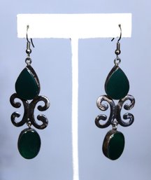 Sterling Silver Arts And Crafts Green Onyx Or Jadeite Pierced Earrings