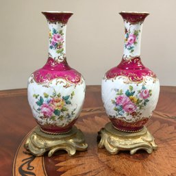 Lovley Pair Of Antique Hand Painted Vases - Partial Sevres Marks - Were Drilled And Mounted As Boudoir Lamps