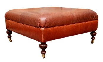 Russet Brown Square Leather Ottoman On Brass Casters