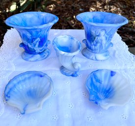 5  VTG Akro Agate Blue & White Pieces:  3' Cornucopia, Two 5' Lily Vases, 2 Clam Shell Trinket Dishes 3.5'