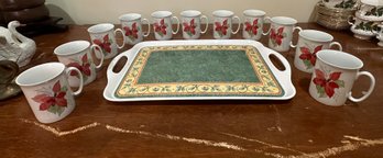 Water Colors Block SPAL Portugal Poinsettia By Mary Len Goertzen 11 Mugs & Eurita Melamine Tray.