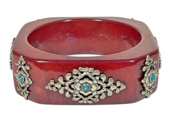 Fine Red Bakelite Plastic Bangle Bracelet Having Silver And Turquoise Embellishment