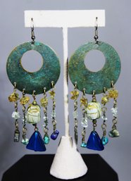 Awesome 1980s Large Designer Artisan Semiprecious Stone Verdigris Pierced Earrings